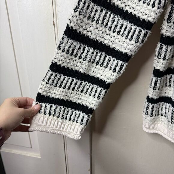 Loft Black White Striped Open Knit Split Neck Pullover Sweater Chunky - Picture 3 of 7